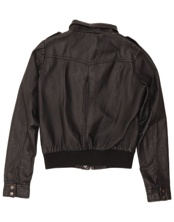 H&M Damska kurtka skórzana typu Crop EU 38, średnia czarna skóra