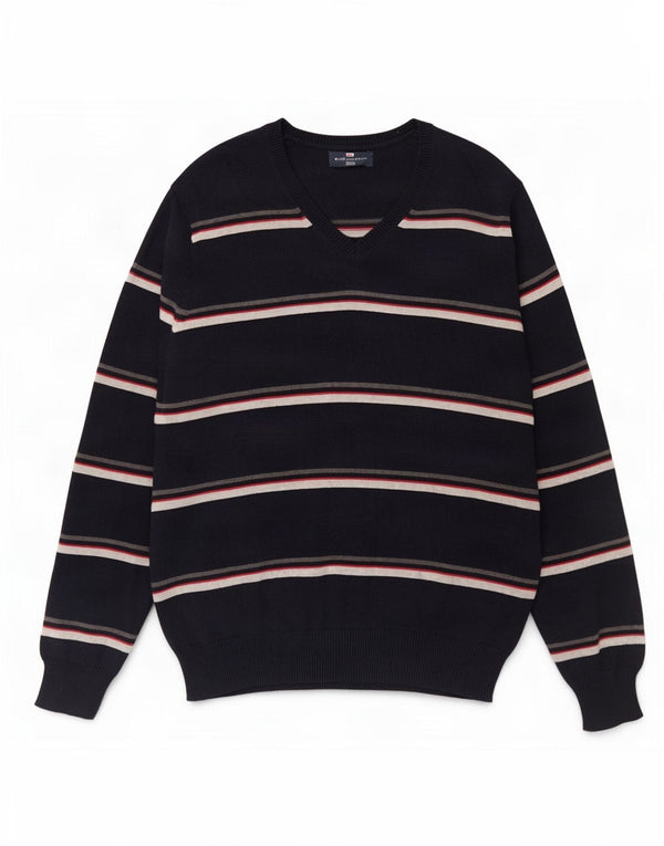 Męski sweter Marks & Spencer Blue Harbor z dekoltem w kształcie litery V, w średnie granatowe paski