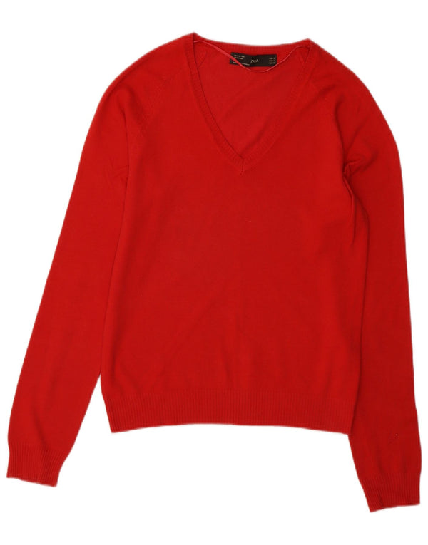 Sweter damski Zara z dekoltem w kształcie litery V, UK 10, mały, czerwony, bawełniany