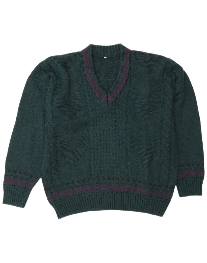 Męski sweter w stylu vintage z dekoltem w szpic IT 50 Średnia zielona wełna