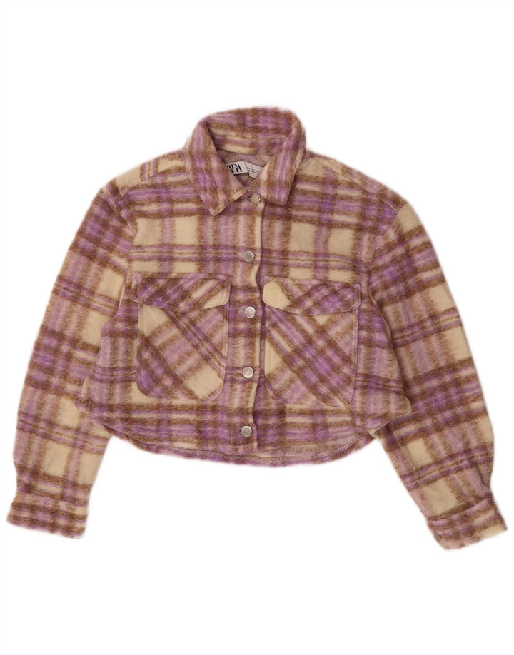 ZARA Womens Oversized Crop Bomber Jacket UK 10 Small Beige Check Polyester