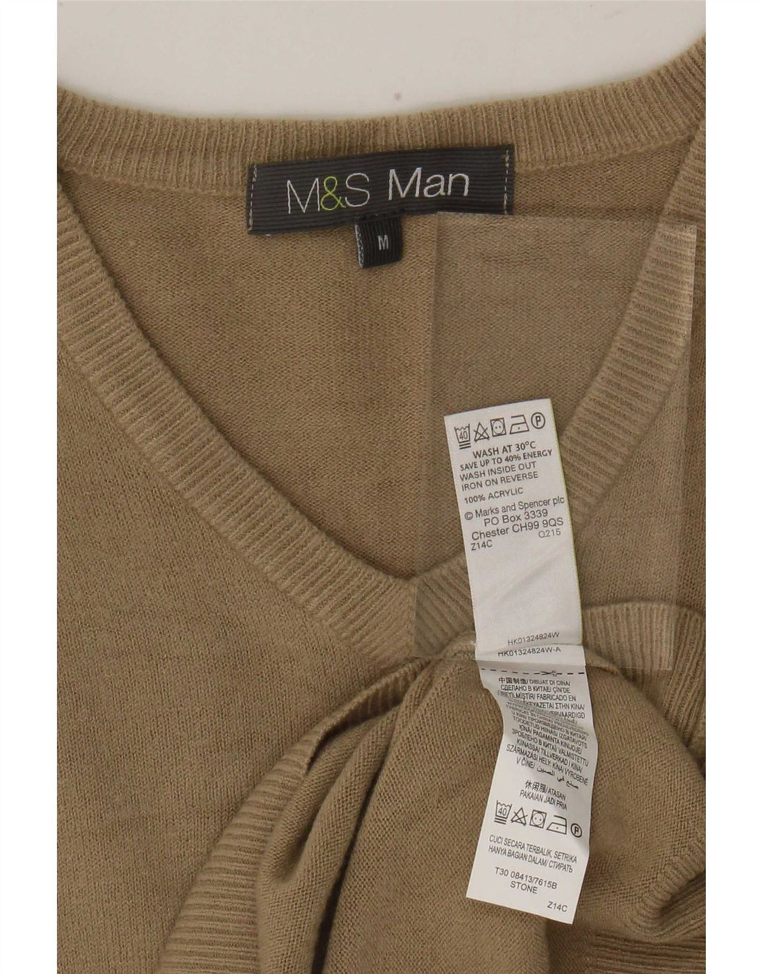 Marks & Spencer Męski sweter z dekoltem w kształcie litery V, średni beż, akryl