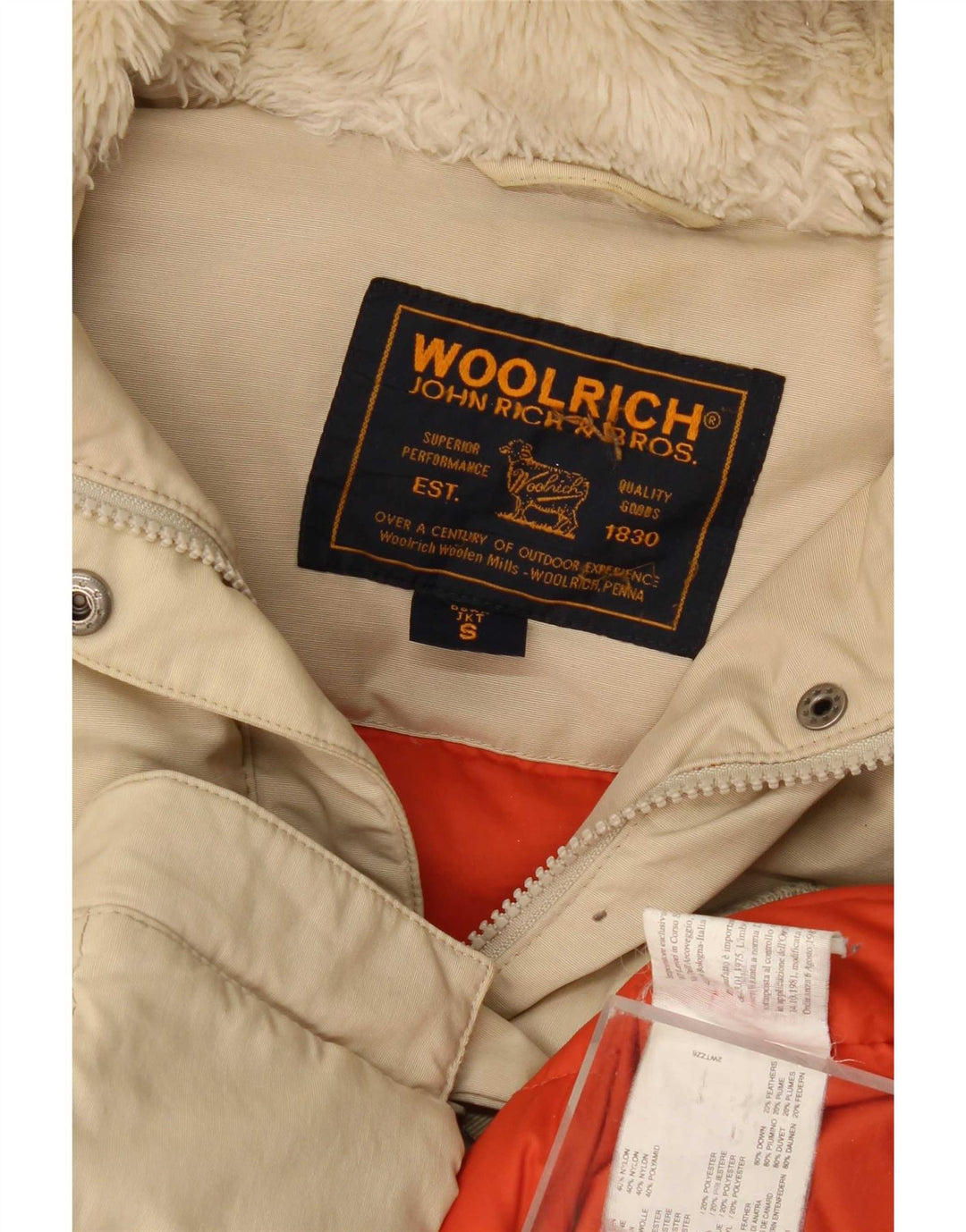 Damska kurtka z kapturem, oversize, wyściełana Woolrich UK 10, mała, beżowa, bawełniana