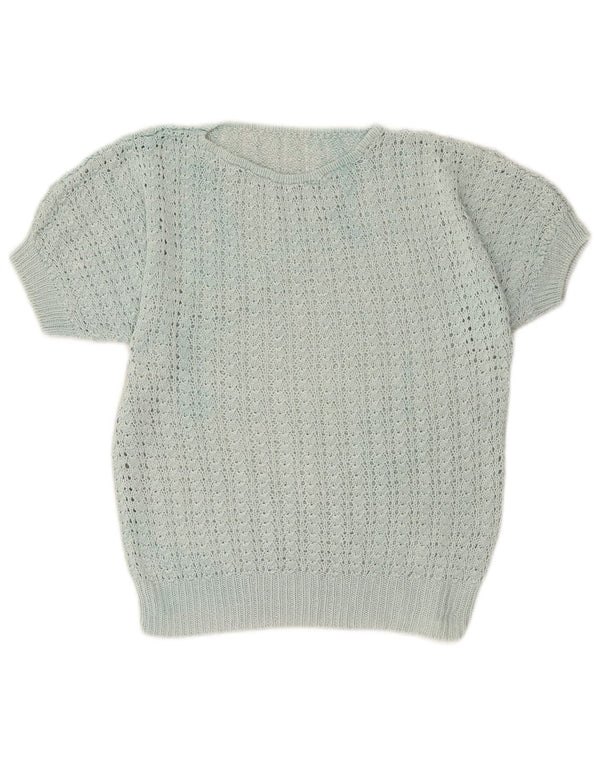 Vintage damski sweter z krótkim rękawem i dekoltem w łódkę UK 12 średni turkus