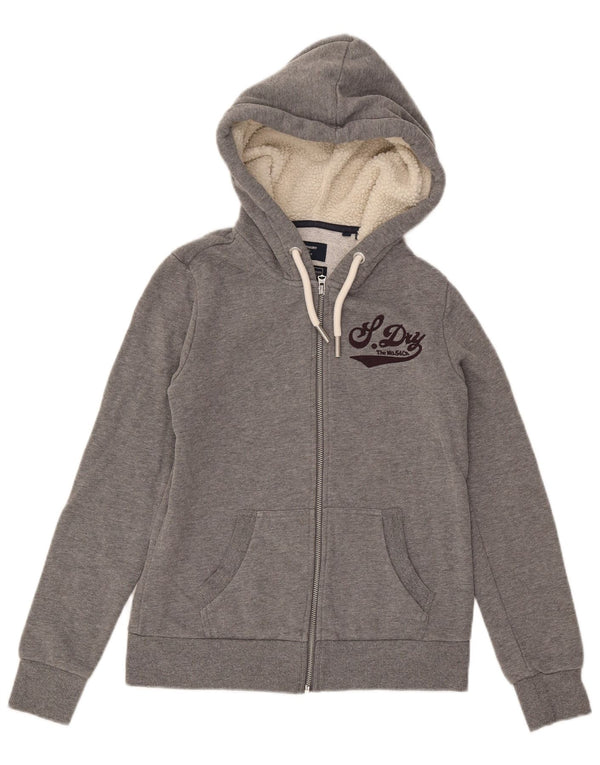 Superdry Womens Graphic Zip Hoodie Sweater UK 8 Small Grey Cotton