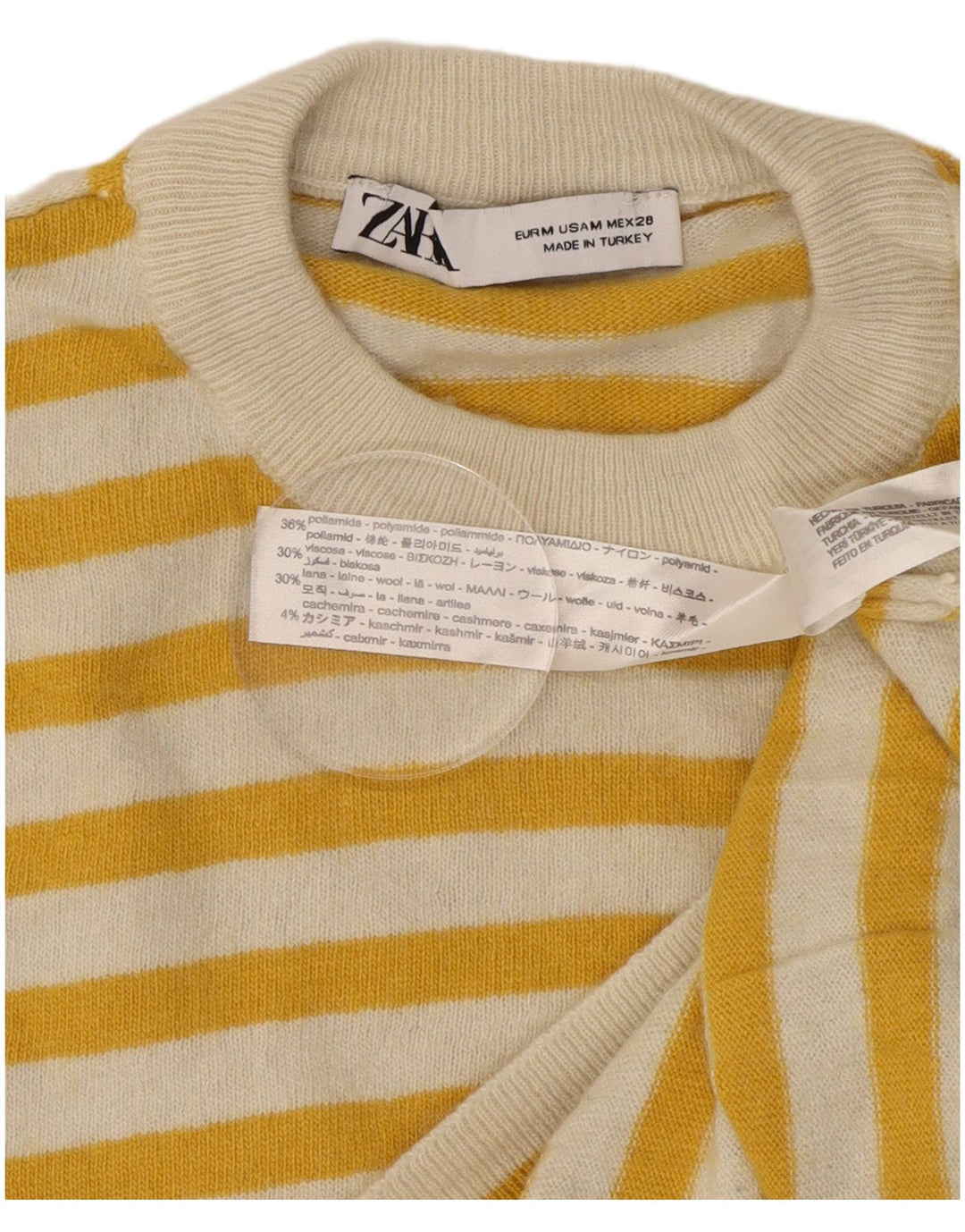 Sweter damski Zara z okrągłym dekoltem UK 14, poliamid w średnie żółte paski