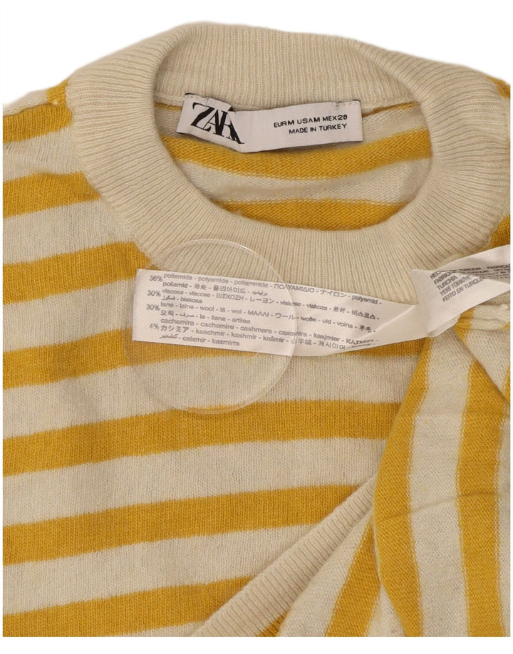 Sweter damski Zara z okrągłym dekoltem UK 14, poliamid w średnie żółte paski
