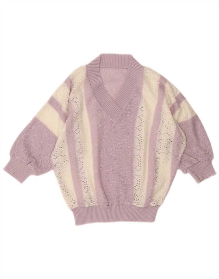 Vintage damski sweter z dekoltem w kształcie litery V, UK 10, małe fioletowe paski
