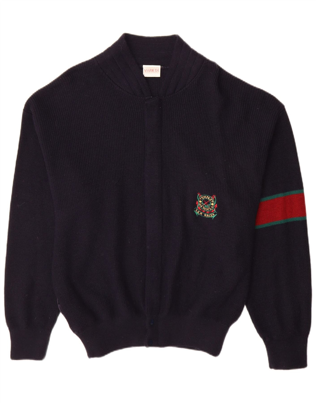 Vintage męski sweter rozpinany, duży, granatowy, wełniany blok kolorów