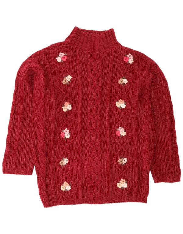 Sweter damski w stylu vintage z golfem UK 18 XL w kolorze czerwonym w kwiaty