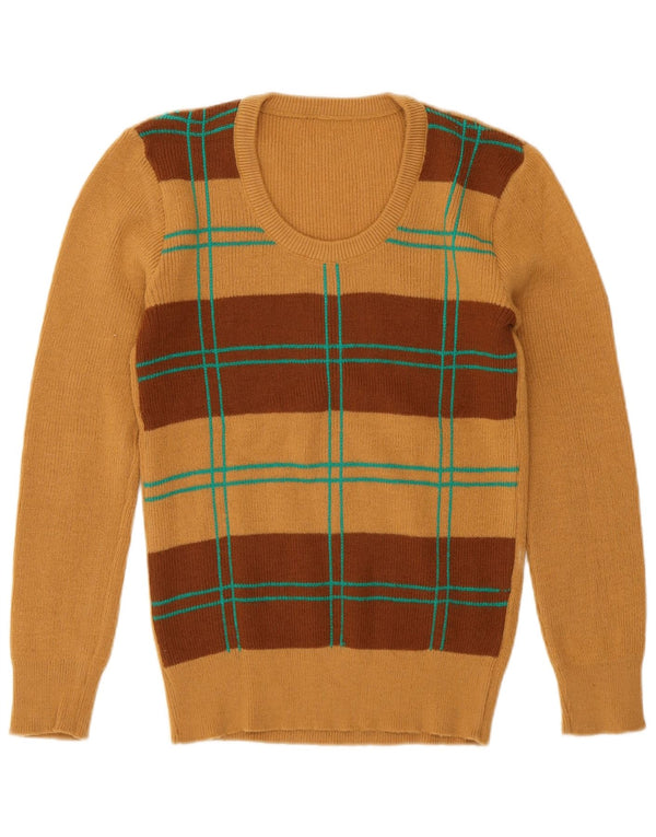 Sweter damski w stylu vintage z okrągłym dekoltem UK 12 Średni brązowy geometryczny