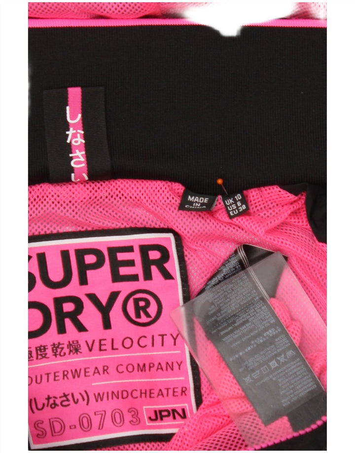 SUPERDRY Damska kurtka przeciwdeszczowa z kapturem UK 10, mała, czarna, nylonowa