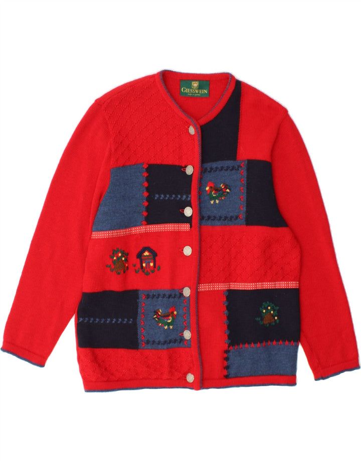 Sweter damski GIESSWEIN UK 12, średni czerwony patchworkowy, dziewicza wełna