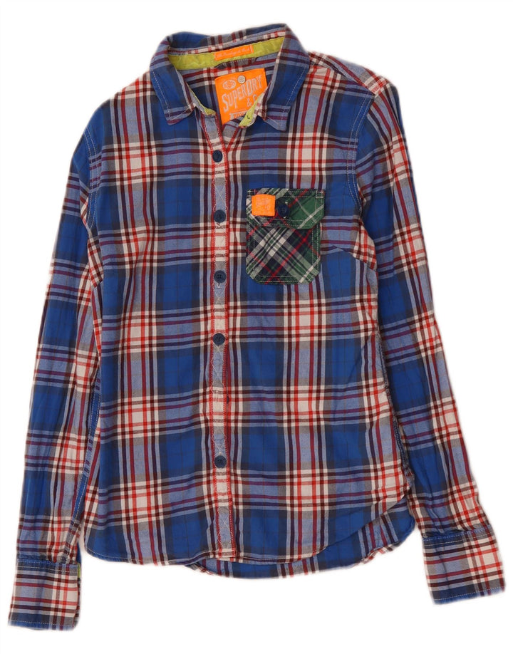 SUPERDRY Damska koszula flanelowa UK 12, bawełniana w średnią niebieską kratkę