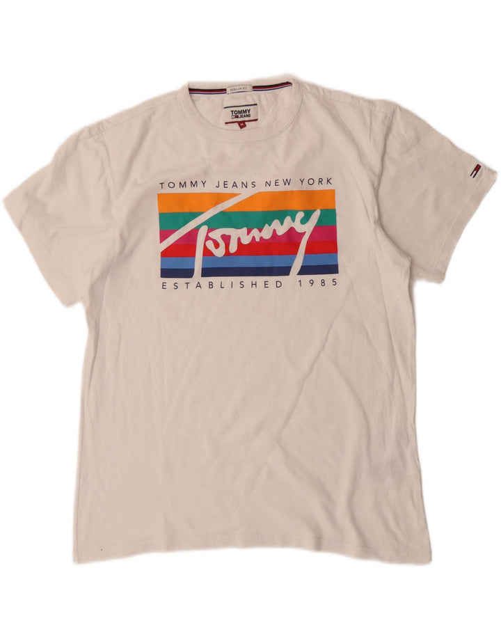 TOMMY HILFIGER Womens Regular Fit Graphic T-Shirt Top UK 14 Medium White Vintage Tommy Hilfiger and Second-Hand Tommy Hilfiger from Messina Hembry 