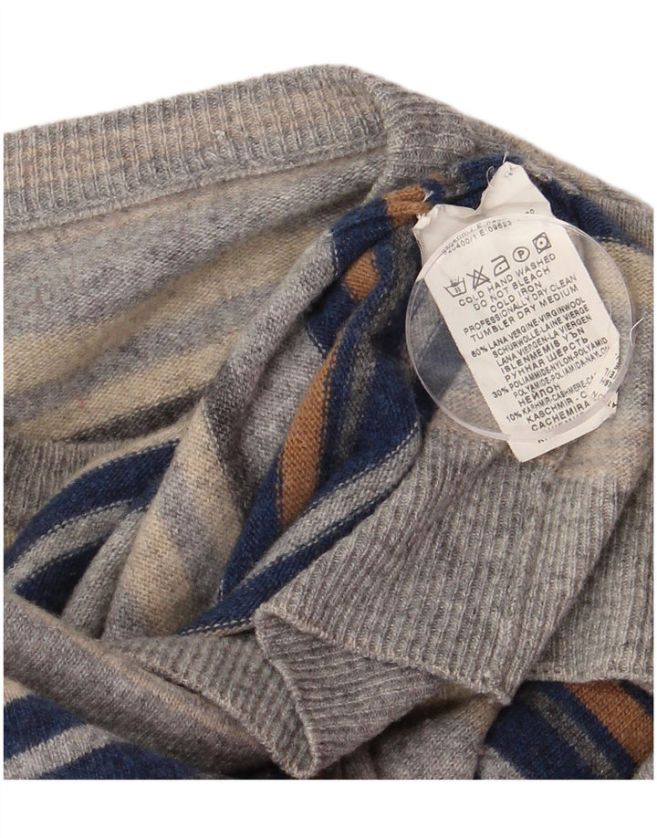 Vintage męski sweter z okrągłym dekoltem, mały, szary, z czystej wełny w paski