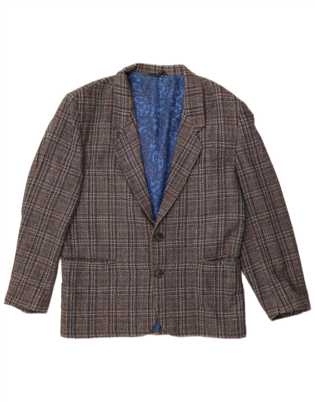 Vintage męska marynarka zapinana na 2 guziki UK 38, średnia szara wełna w kratkę