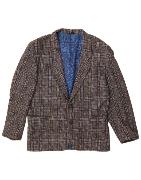 Vintage męska marynarka zapinana na 2 guziki UK 38, średnia szara wełna w kratkę