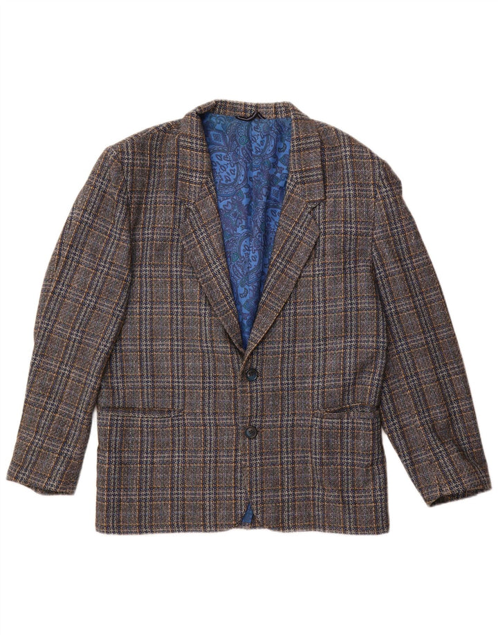 Vintage męska marynarka zapinana na 2 guziki UK 38, średnia szara wełna w kratkę