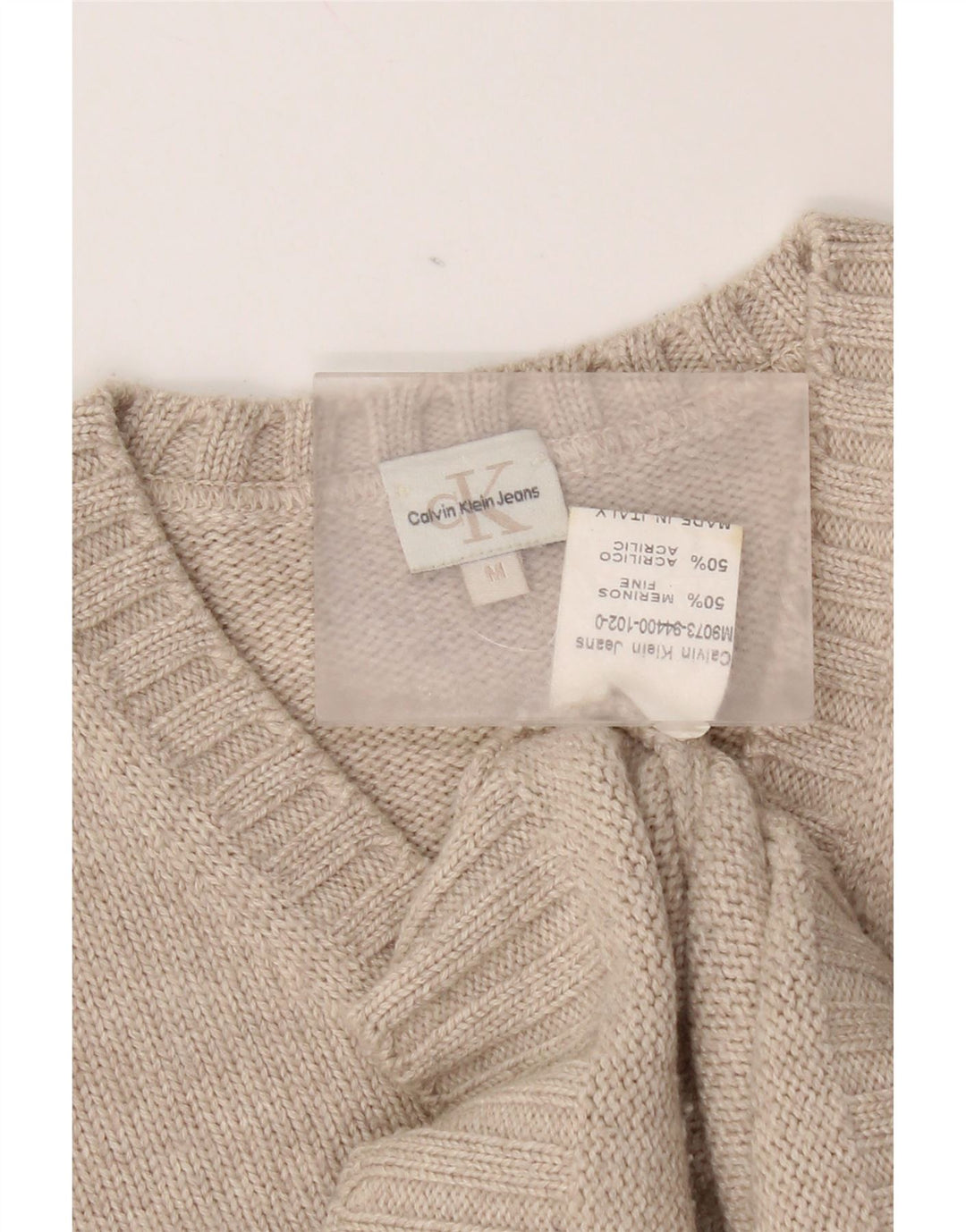 Męski sweter Calvin Klein z dekoltem w kształcie litery V, średnio beżowy, wełna merynosów