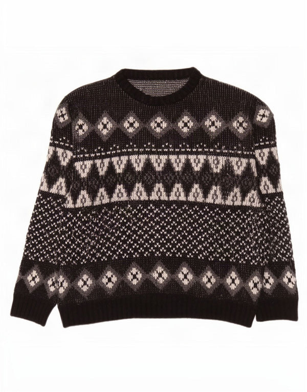 Vintage Mens Crew Neck Jumper Sweater IT 52/54 Large Black Fair Isle