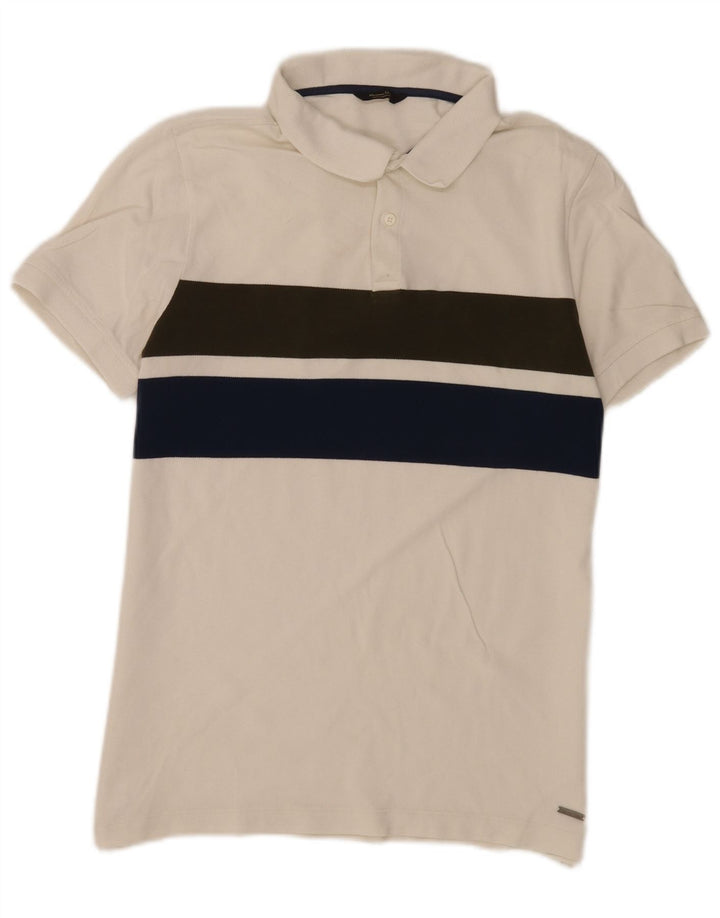Męska koszulka polo Massimo Dutti, duża, biała, z blokami kolorów
