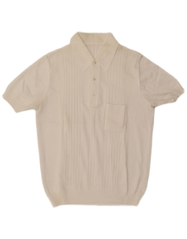 Vintage męski sweter polo z krótkim rękawem i dekoltem w kolorze średniej bieli