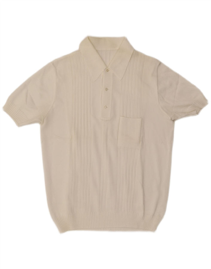 Vintage męski sweter polo z krótkim rękawem i dekoltem w kolorze średniej bieli