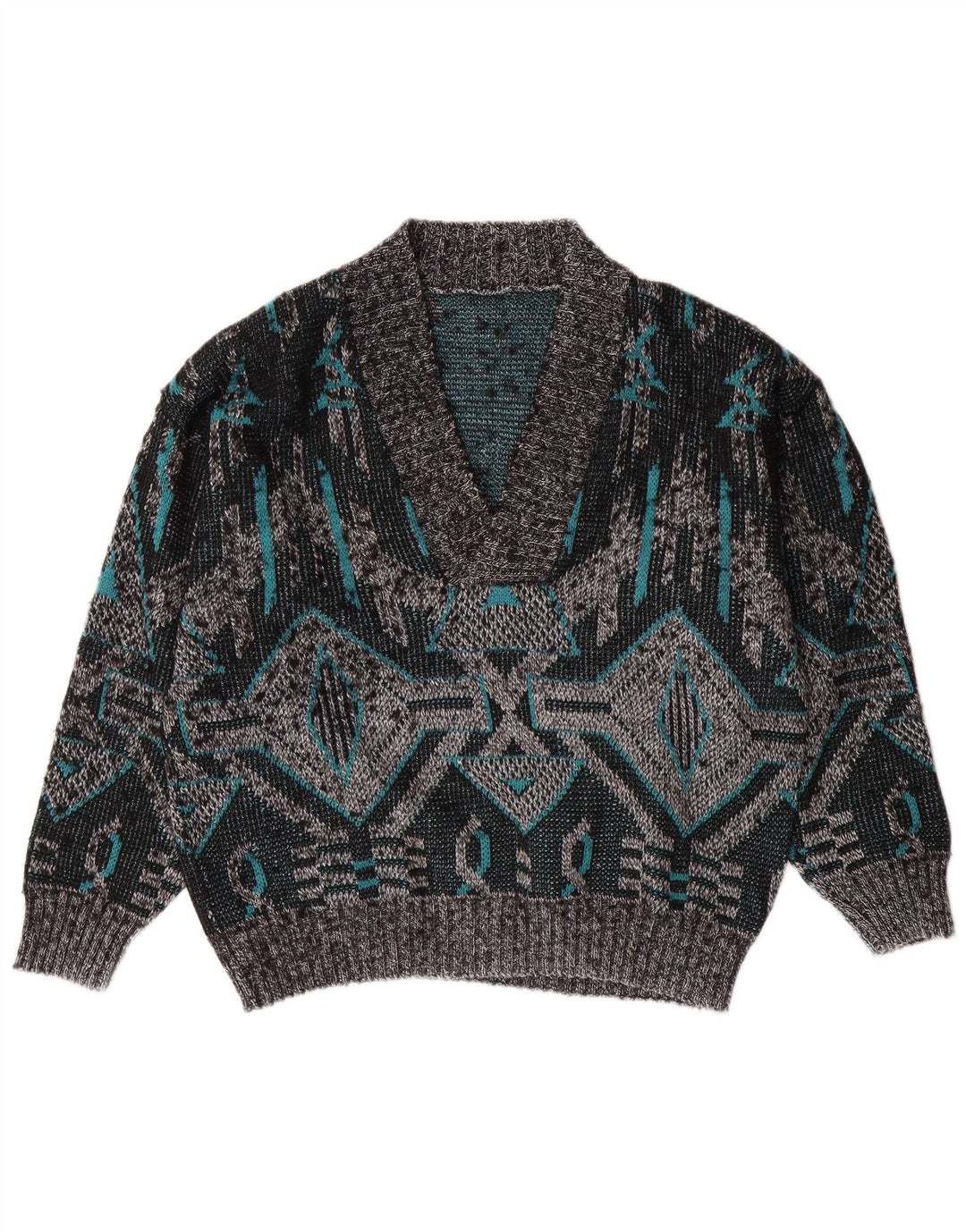 Męski sweter VINTAGE z dekoltem w kształcie litery V, duży, szary, geometryczny