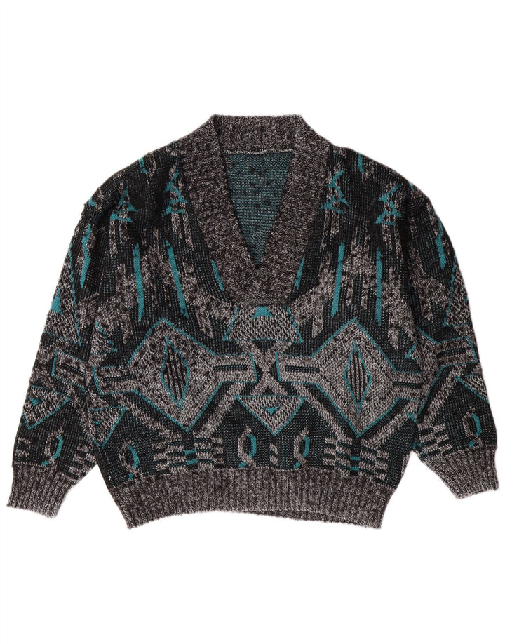 Męski sweter VINTAGE z dekoltem w kształcie litery V, duży, szary, geometryczny