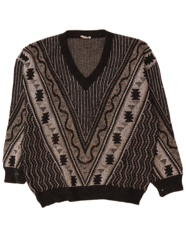 Męski sweter w stylu vintage z dekoltem w szpic, duży, szary, geometryczny