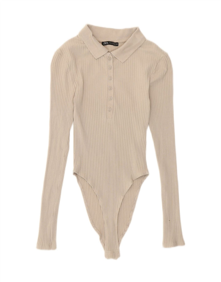 Body damskie z długim rękawem Zara UK 8 Small Beżowa bawełna
