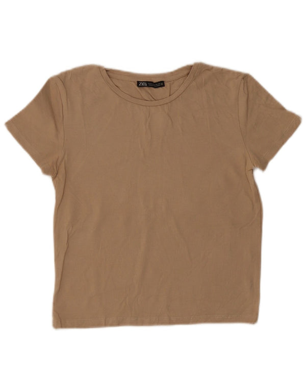 Damski krótki t-shirt Zara UK 8 Small, beżowy, bawełniany