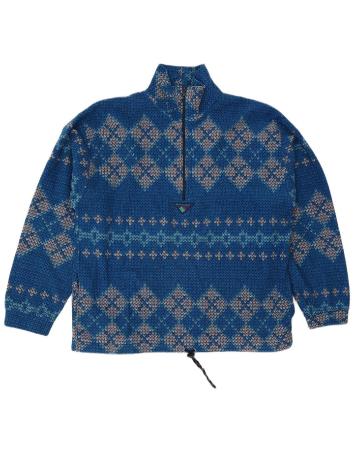 Vintage męski sweter z zamkiem błyskawicznym, duży niebieski geometryczny