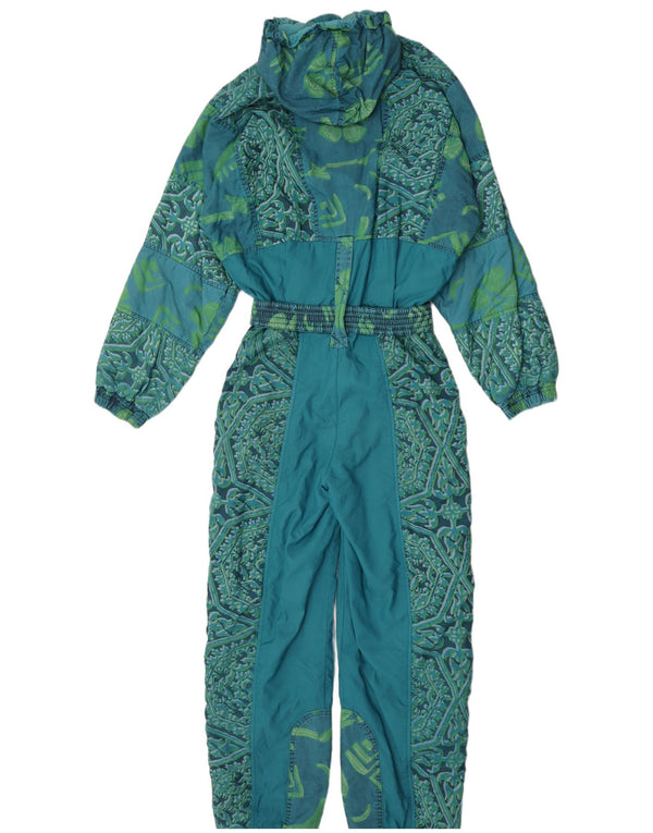 Vintage Womens Hooded Ski Jumpsuit UK 14 Medium  Green Floral Nylon Retro