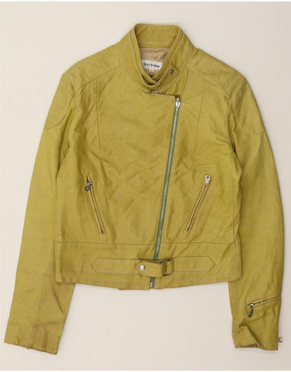 Vintage damska skórzana kurtka motocyklowa UK 14, duża, żółta
