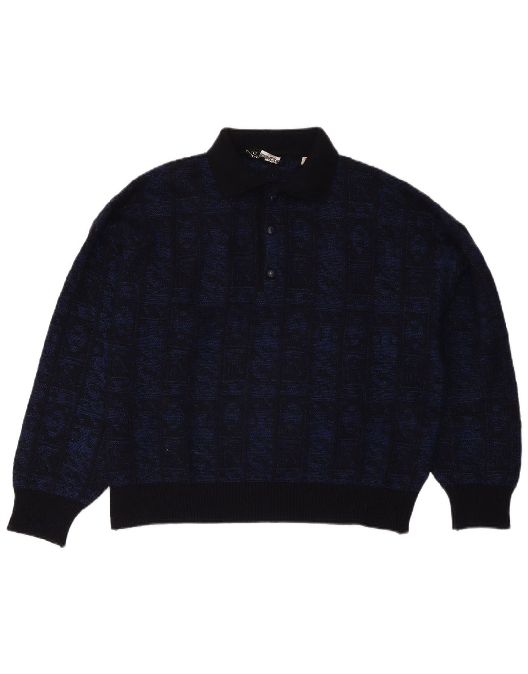 Aeffe Męski sweter polo IT 50 Średni granatowy, geometryczny wełniany