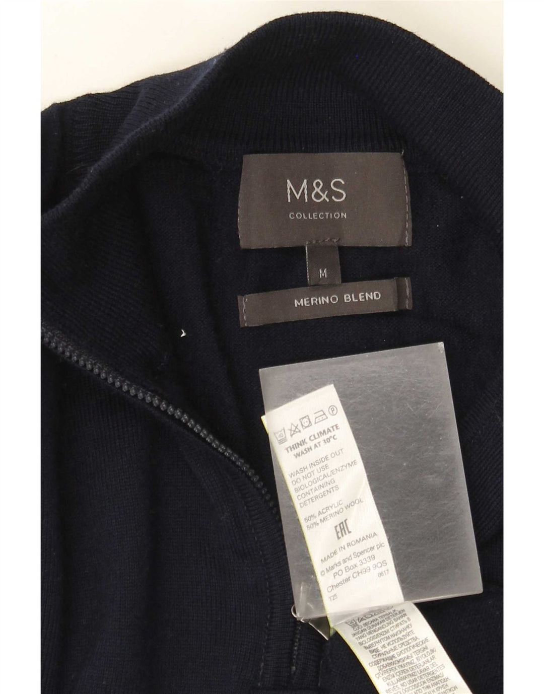 Marks & Spencer Męski sweter z zamkiem błyskawicznym, średni granatowy akryl