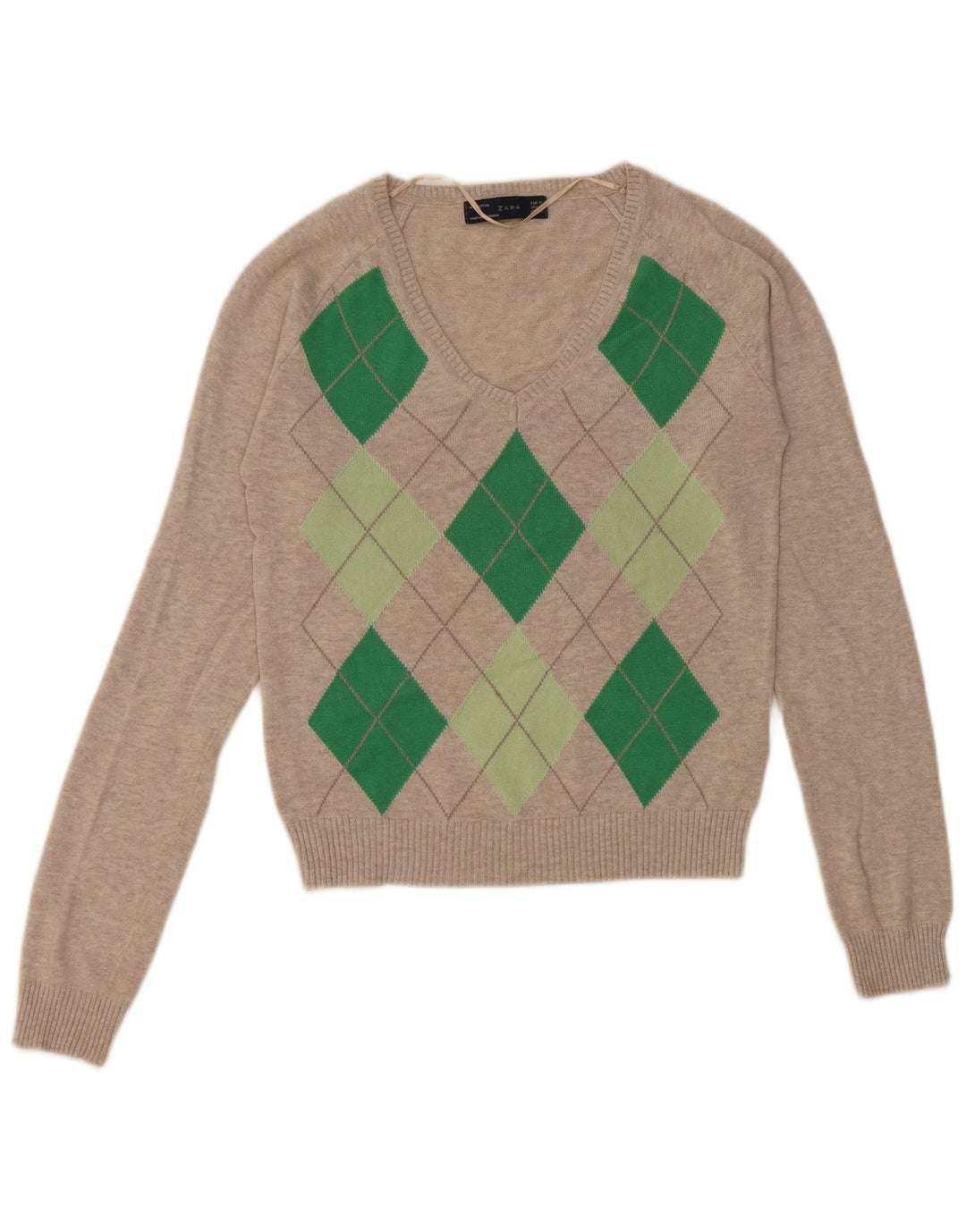 Sweter damski Zara z dekoltem w kształcie litery V, UK 12, średnio szary, argyle/diamentowa bawełna