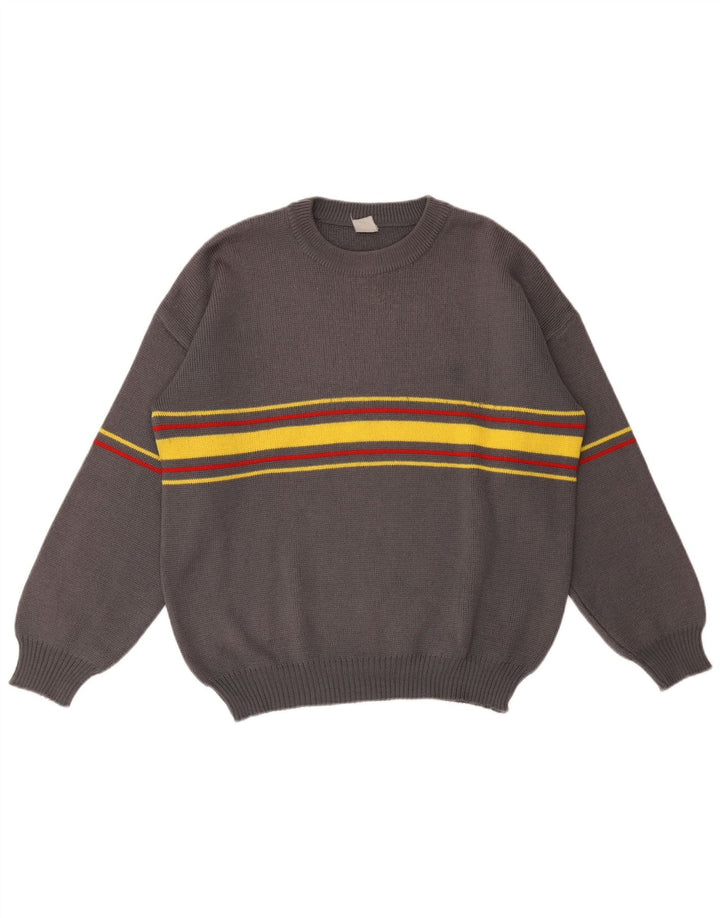 Vintage męski sweter z okrągłym dekoltem, duże szare paski