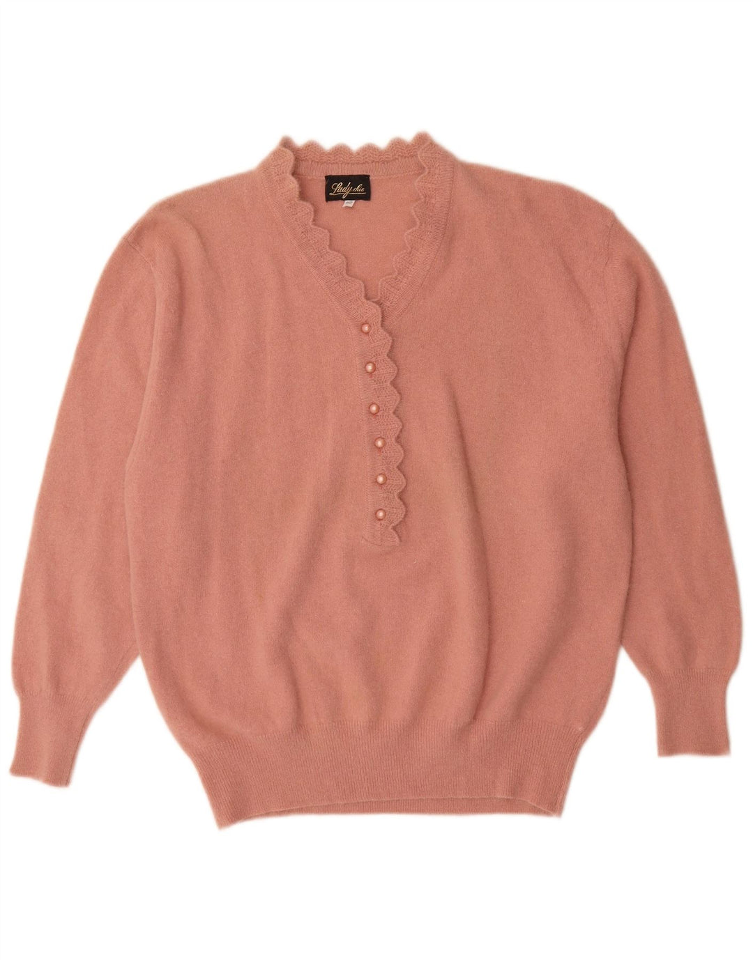 Sweter damski w stylu vintage z guzikami pod szyją IT 52 2XL Różowa Angora