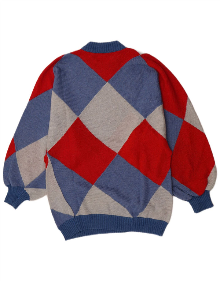 Vintage męski sweter z wycięciem pod szyją, mały, wielobarwny Argyle/diament