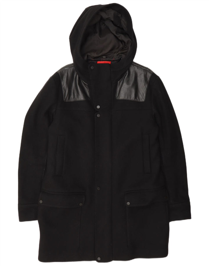 Męski płaszcz z kapturem Hugo Boss EU 52 XL, czarna wełna