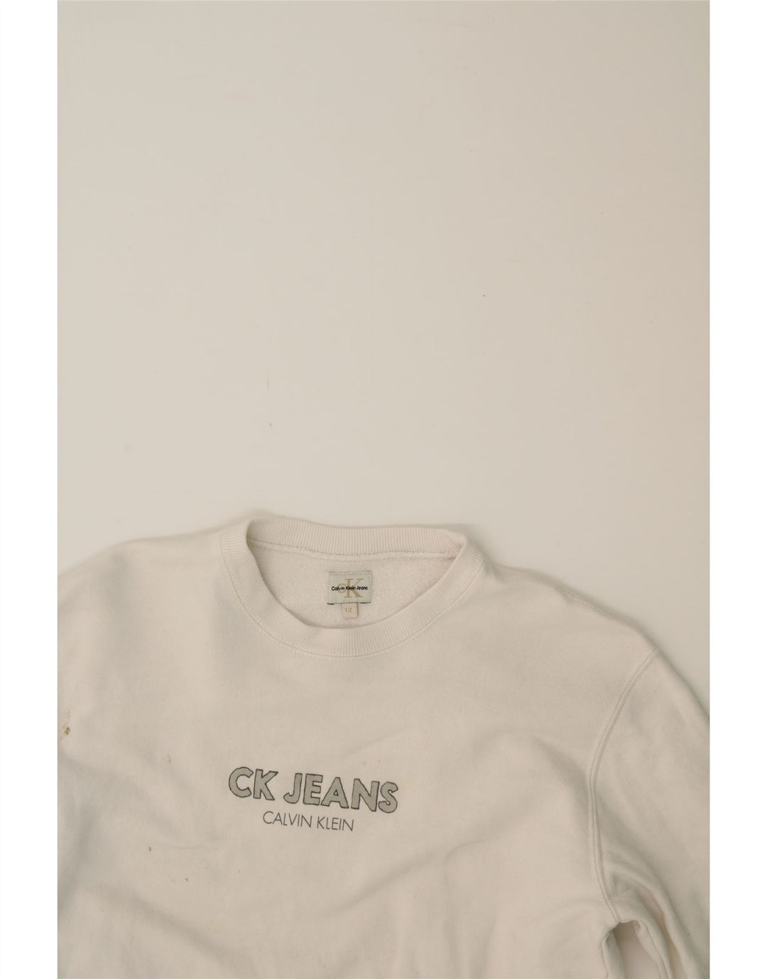 CALVIN KLEIN JEANS Boys Graphic Sweatshirt Jumper 11-12 Years White Vintage Calvin Klein Jeans and Second-Hand Calvin Klein Jeans from Messina Hembry 