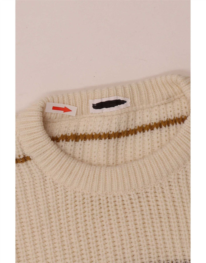 Vintage męski sweter z okrągłym dekoltem, średni, złamany biały akryl w paski
