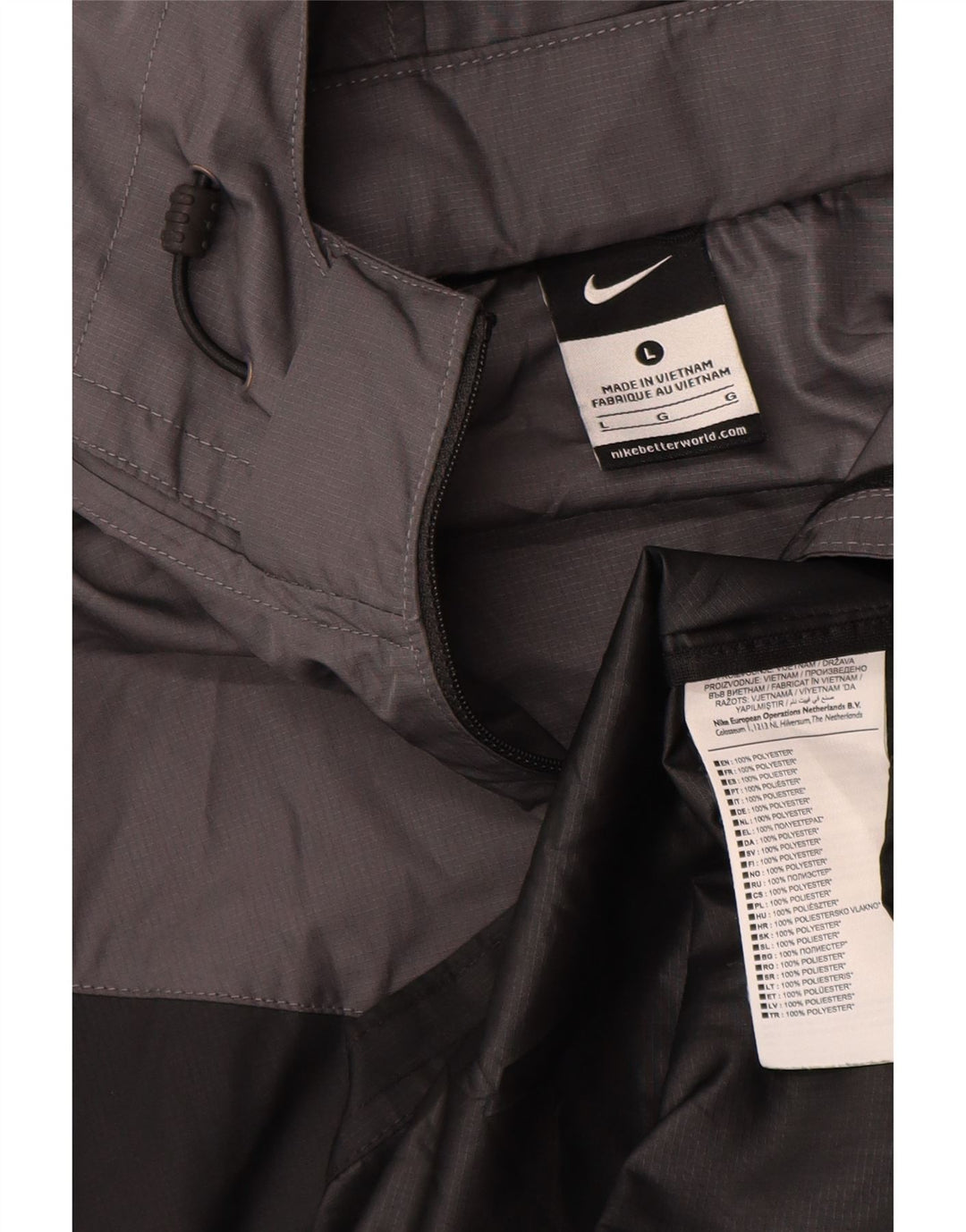 Męska kurtka przeciwdeszczowa z kapturem Nike UK 40, duży czarny poliester z blokami kolorów