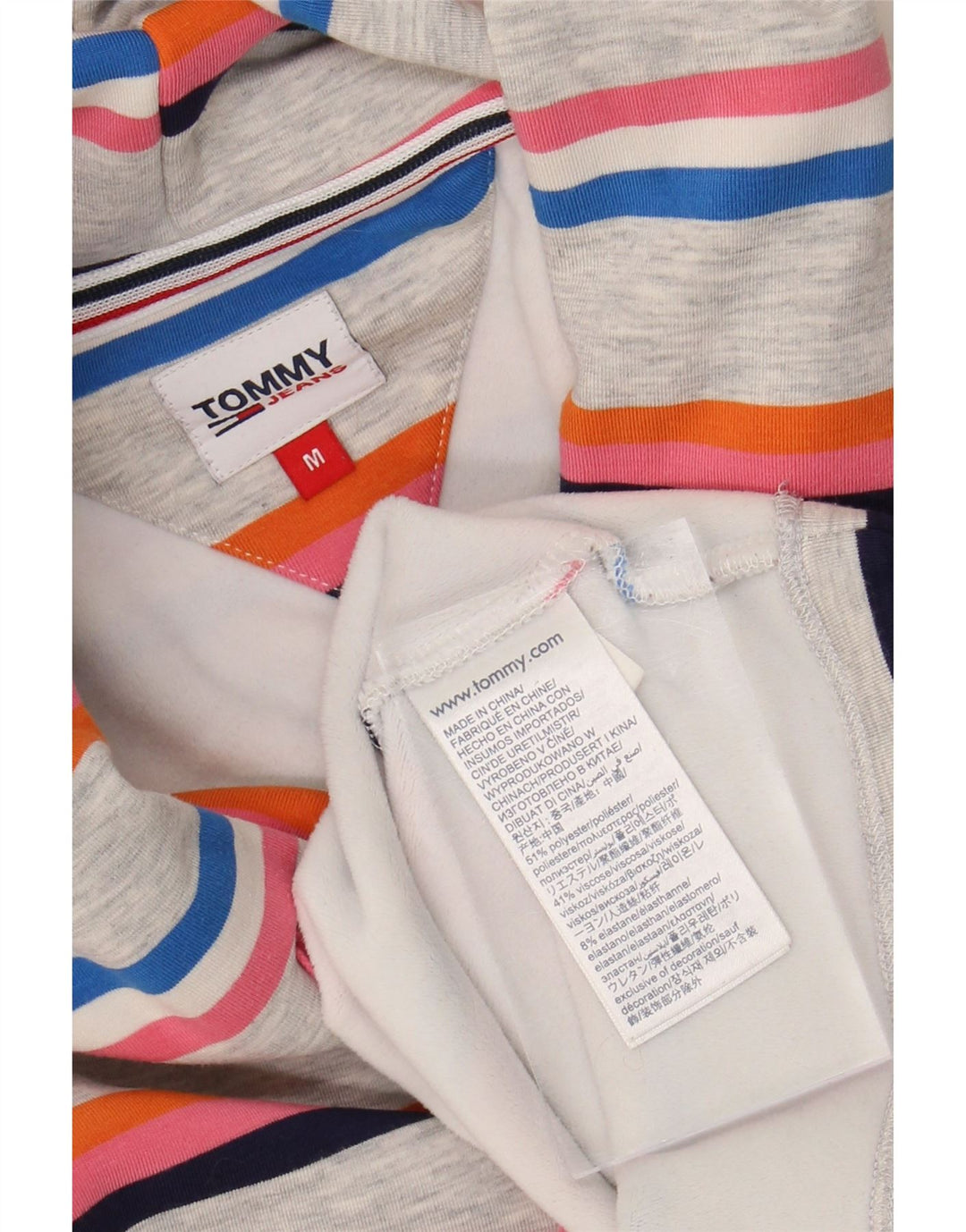 TOMMY HILFIGER Womens Oversized Hoodie Jumper UK 14 Medium Grey Striped Vintage Tommy Hilfiger and Second-Hand Tommy Hilfiger from Messina Hembry 