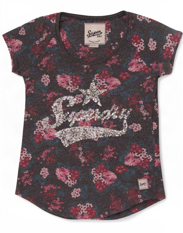 Damska koszulka z grafiką Superdry Top UK 6 XS Szara, bawełniana w kwiaty