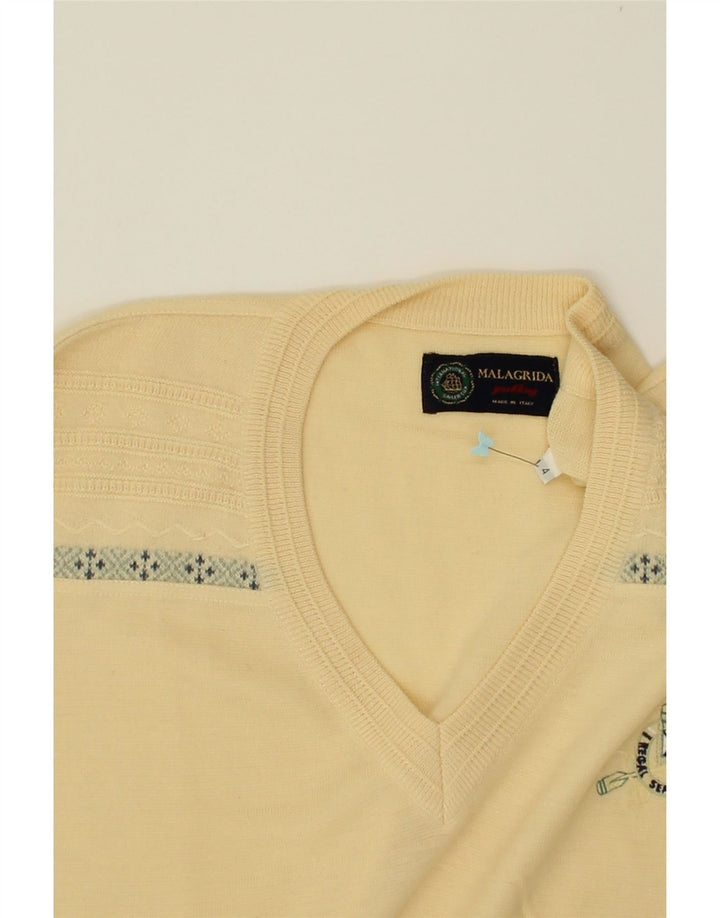 MALAGRIDA Mens V-Neck Jumper Sweater Large Yellow Fair Isle Vintage Malagrida and Second-Hand Malagrida from Messina Hembry 