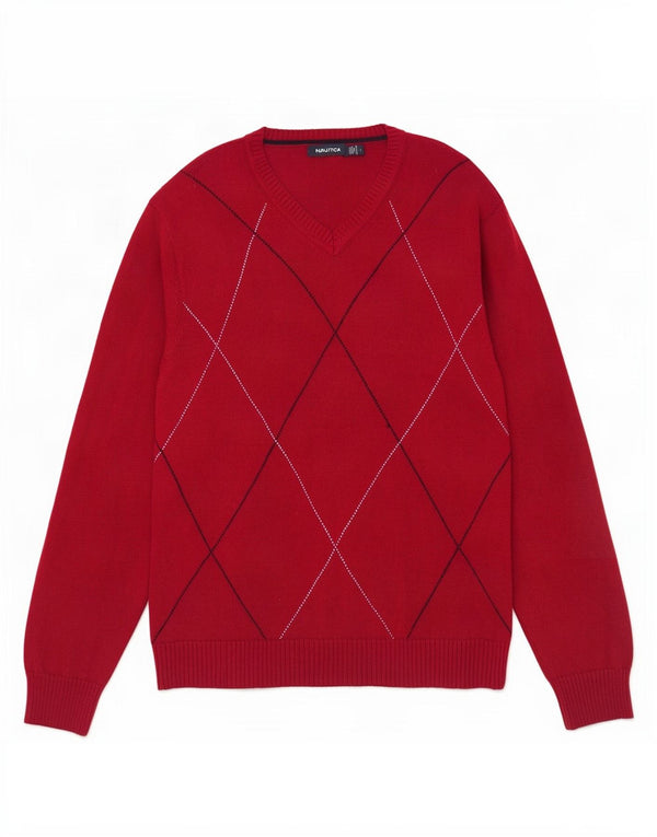 Męski sweter Nautica z dekoltem w kształcie litery V, duży, czerwony, wykonany z tkaniny argyle/diamentowej bawełny